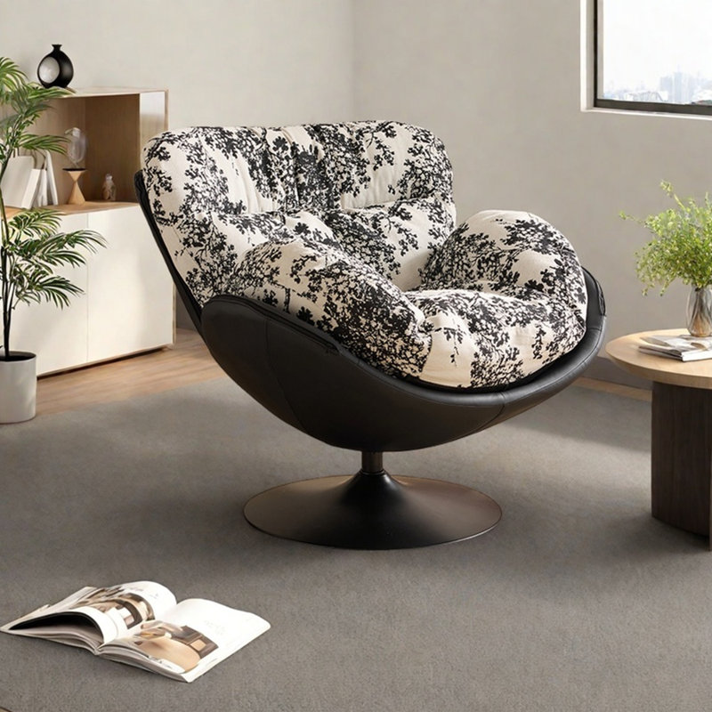 Chaise de loisir luxueuse pivotante et confortable, Chenille noir / blanc / similicuir, Jouet en coton / latex