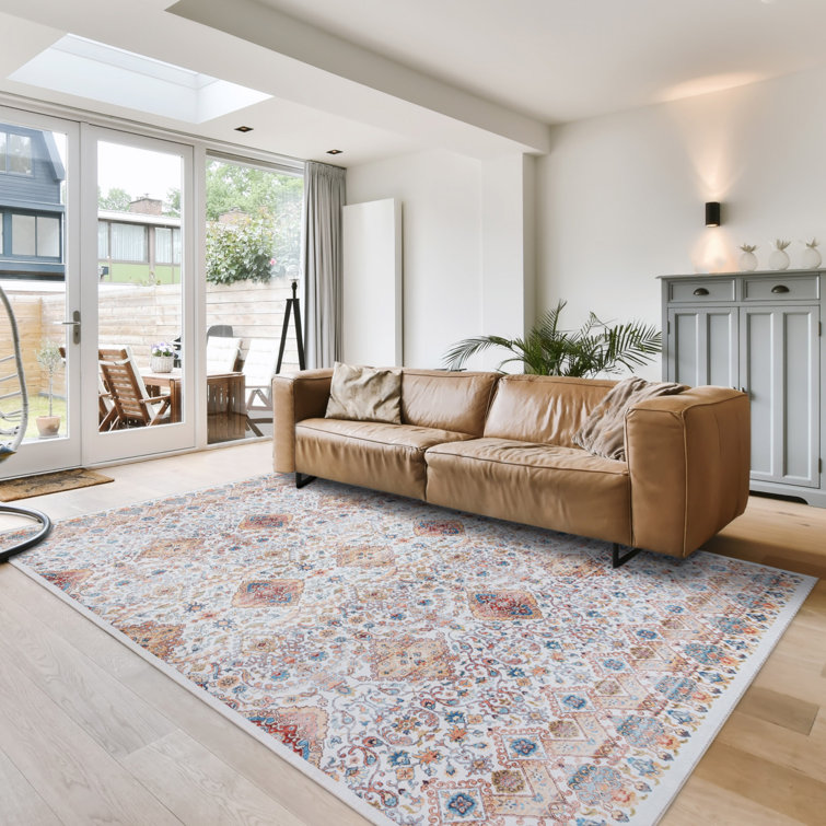 Samira Tanis Ivory Tan Gold Moroccan Bohemian Machine Washable Indoor Area Rug, Flat Pile for Living Room & Bedroom