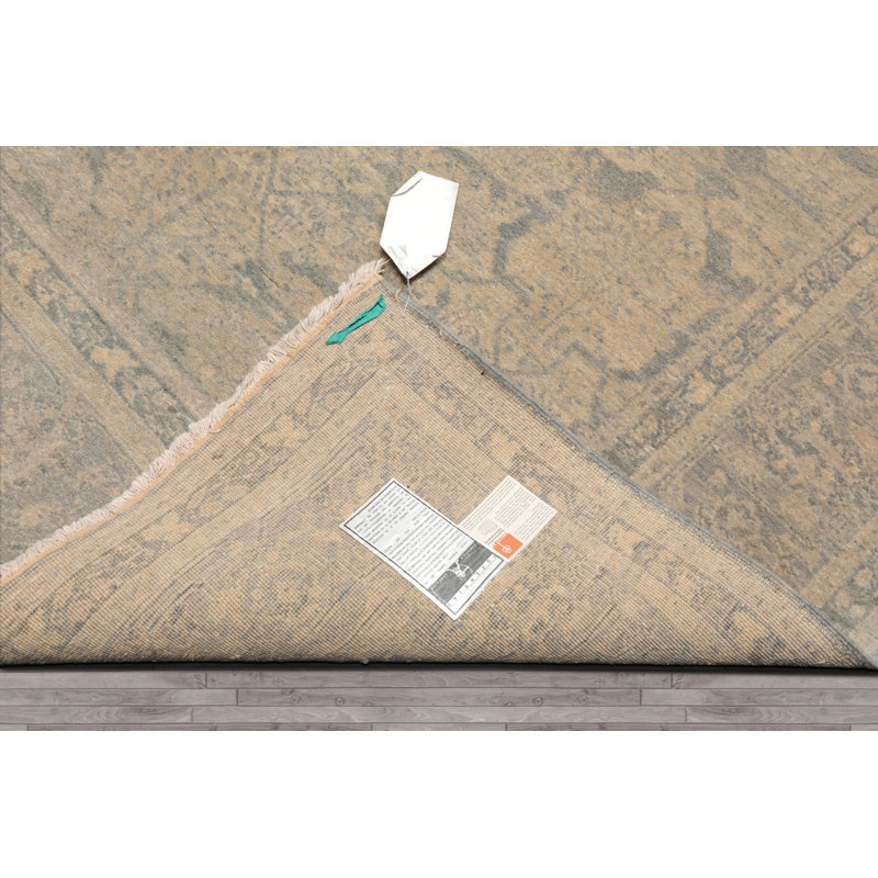 Tapis beige / gris en laine noué à la main de conception unique 5 pi 11 po x 8 pi 11 po