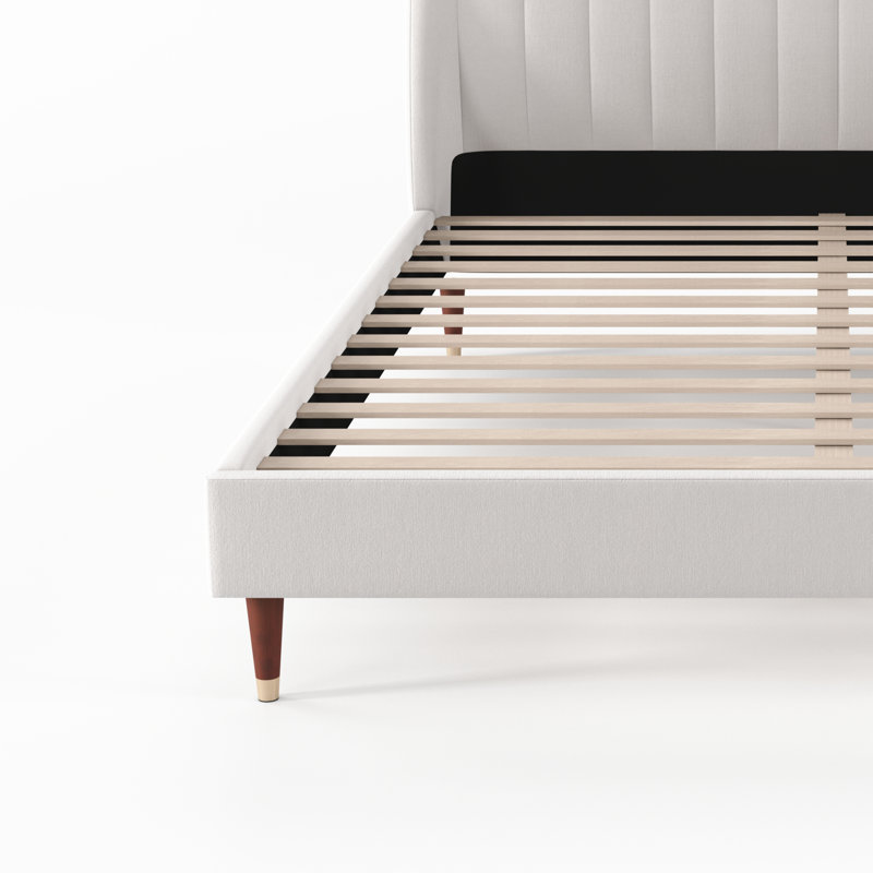 Lit plateforme tapissier beige avec tête de lit à oreilles, Roi