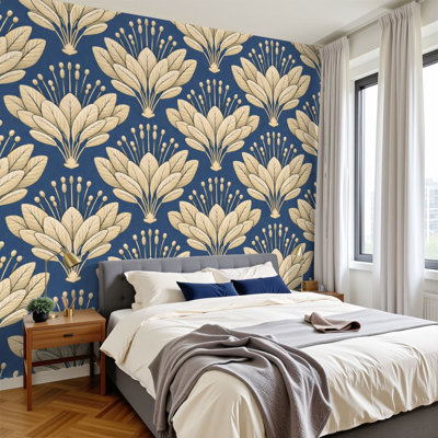 Papier peint adhésif pelez et collez, art déco, bleu marine, beige, feuilles géométriques, motifs muraux, H 100 po x l 144 po, papier peint amovible en PVC, adhésif mural pour chambre à coucher, bureau à domicile
