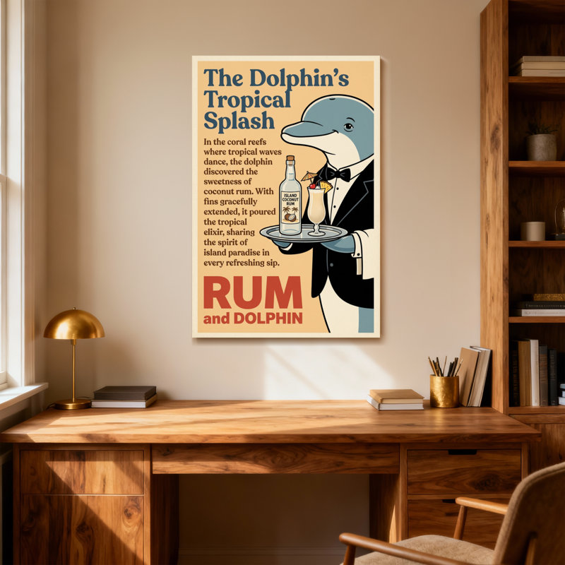 Fashion Dolphin servant un cocktail au rhum avec un thème tropical, H 48 po x l 32 po