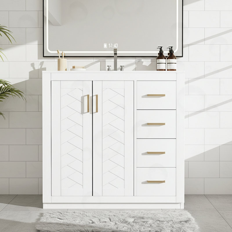 Bathroom Vanity with Ceramic Sink Combo, 3 Drawers, White