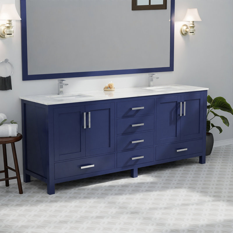 Meuble-lavabo double P 22 po avec comptoir en marbre de Carrare, 80", Marine
