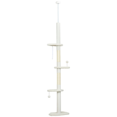 225‑255cm Adjustable Floor‑to‑Ceiling Cat Climbing Tower with Sisal Posts, Hanging Balls & Anti‑Tip Strap, Beige