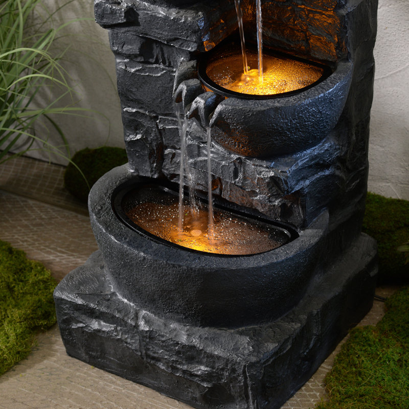 Cuvier Cascading Bowls & Stacked Stones Outdoor Water Fountain with Built-In LED Lights, Dark Gray