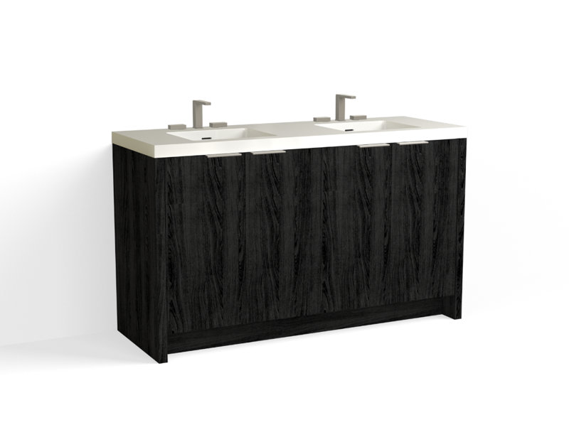 Mesa 60" W Freestanding Double Bathroom Vanity , White Gloss, Charred/Satin Nickel, 8" Widespread