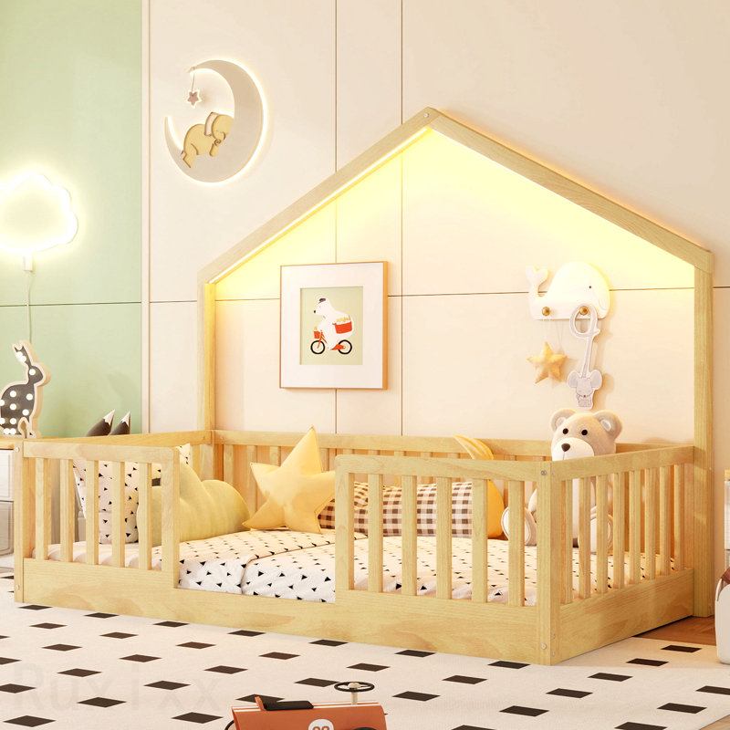 Lit simple à plancher surélevé, lit Montessori en bois avec lumière pour enfants, garçons et filles, naturel, Twin, Natural