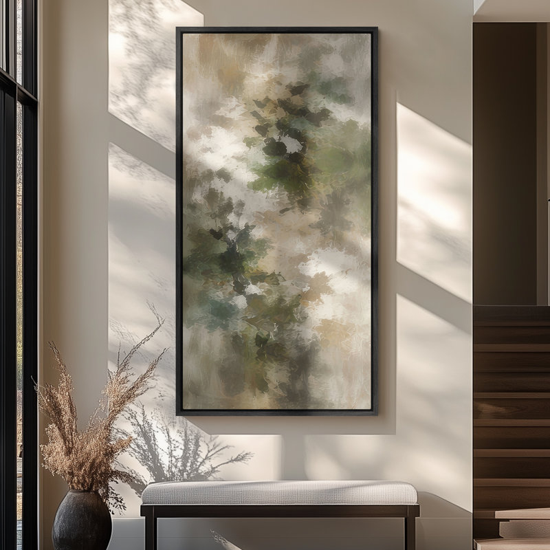 Impression sur toile encadrée extra large vert neutre abstrait inspiré de la nature, Noir, H 60 po x l 30 po