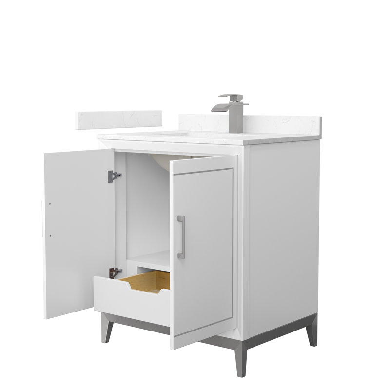30'' Single Bathroom Vanity with Cultured Marble Top, Brushed Nickel, White, White Cultured Marble