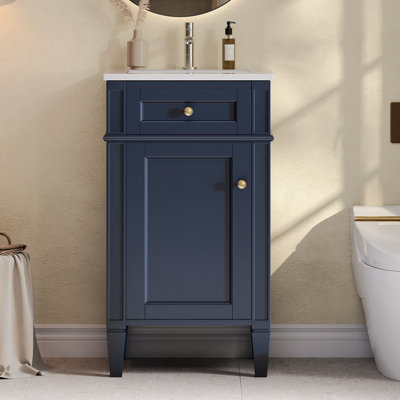 Ensemble de meuble-lavabo simple 18 po avec lavabo en céramique, ensemble de meuble-lavabo autoportant avec porte à fermeture douce, tablette réglable, style français, pieds pleins, bleu
