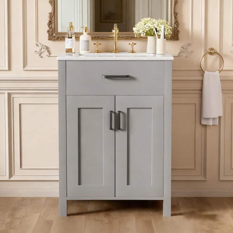 Ensemble de meuble-lavabo de 24 pouces avec lavabo en céramique, rangement spacieux et portes à fermeture en douceur pour les salles de bain modernes