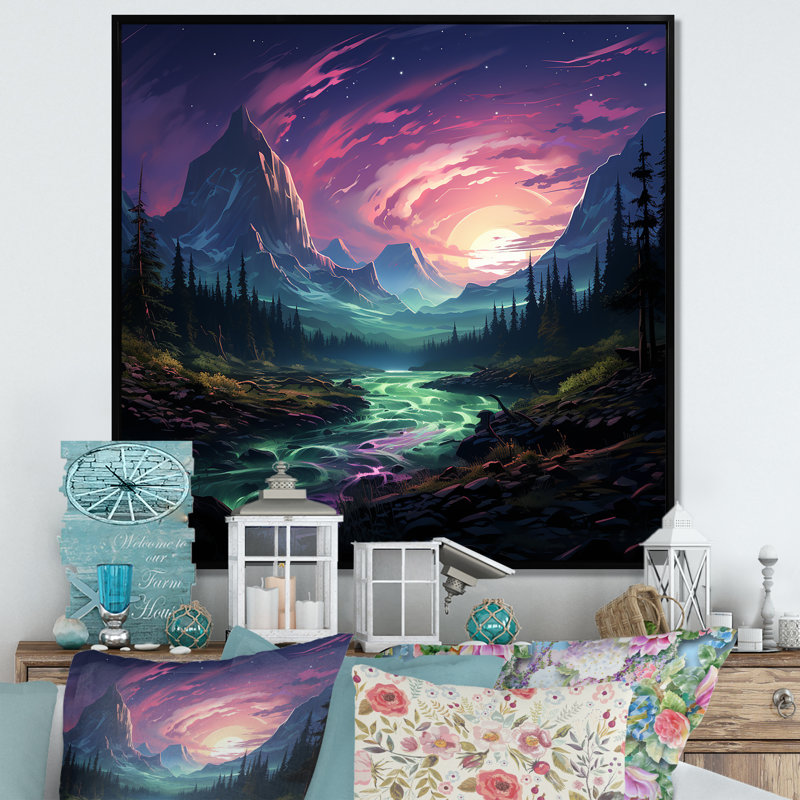 Rose, aurores boréales - Art mural montagnes d'hiver, H 16 po x l 16 po x P 1 po, Encadrement doré