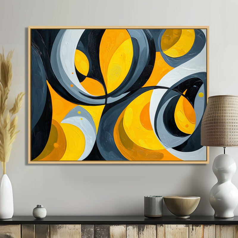 Jaune et gris Urban Jazz Note I - Abstract Still Lifes, art mural, H 30 po x l 40 po, Cadre flottant, Noir, noir, noir, noir