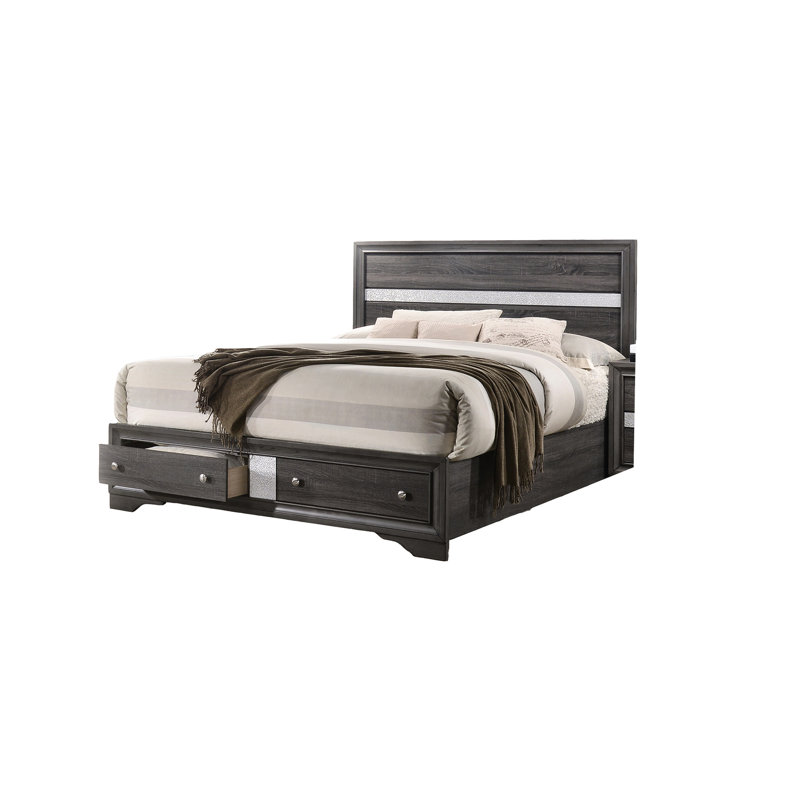 Lit double traditionnel gris avec compartiments de rangement - Bois d'ingénierie pour chambre à coucher