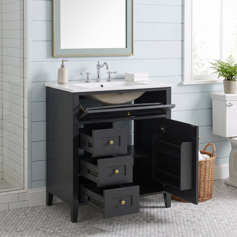 Ensemble de meuble-lavabo autoportant 30 po en MDF et bois d'hévéa noir avec lavabo, 3 tiroirs, tablette réglable, Noir