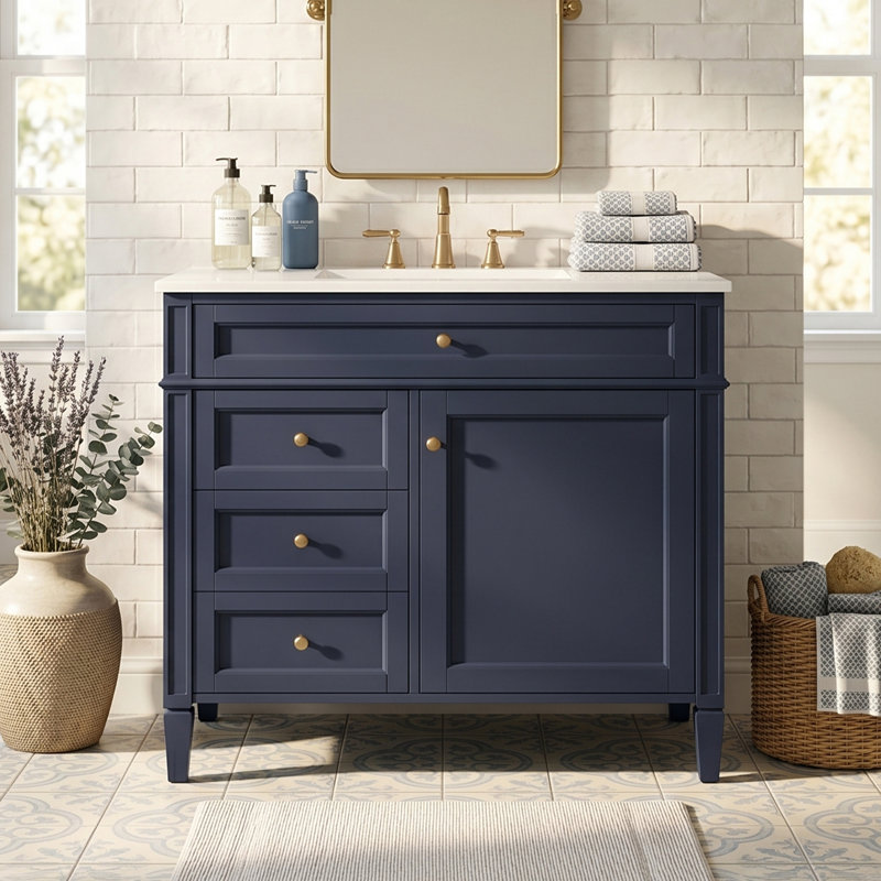Meuble-lavabo autoportant 36 po en bois aggloméré avec lavabo en céramique blanc, armoire de salle de bain bleue avec 2 tiroirs, tablettes de porte réglables et tiroir basculant