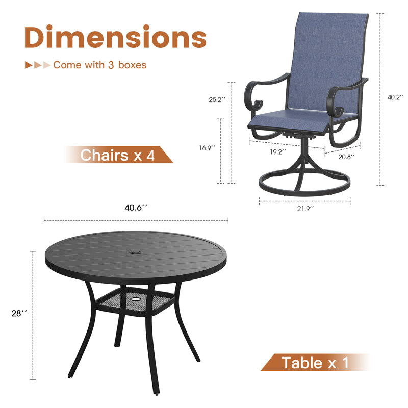 Outdoor Patio Dining Set - 41.7” Round Table with Umbrella Hole & Storage Shelf + 4 Swivel Chairs, Black/Navy