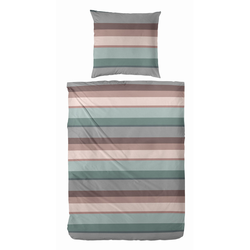 Riga Cotton Striped Duvet Cover Set with Pillow Shams, 155 x 220cm Duvet Cover + 1 Standard Pillowcase, Petrol/Grey/Pink