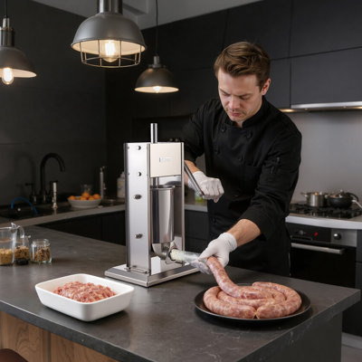 Manual Sausage Stuffer, 7 LBS / 3 L Vertical Meat Stuffer, Dual-Speed Stainless Steel Filler with 5 Filling Tubes, Heavy-Duty Sausage Casing Meat Stuffing Machine, Designed for Commercial and Home Use