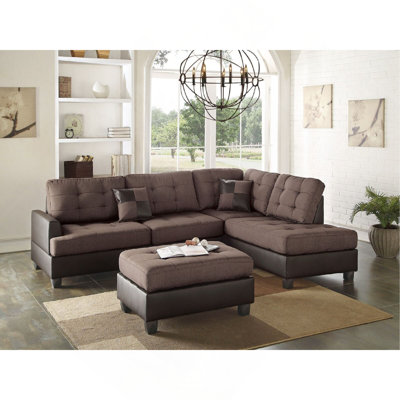 Sectional Sofa Chocolate Polyfiber Cushion Tufted Reversible 3Pc Sectional Sofa, Chaise  Ottoman Living Room Furniture