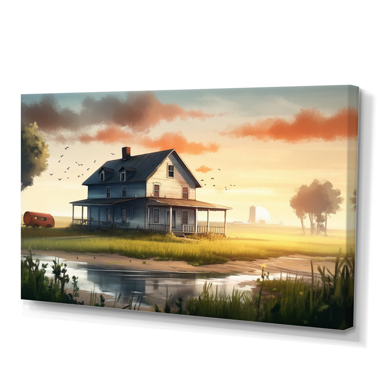 «Burning Sky At Sunset Farmhouse II», impression d'art mural paysage de ferme, H 12 po x l 20 po, Toile tendue
