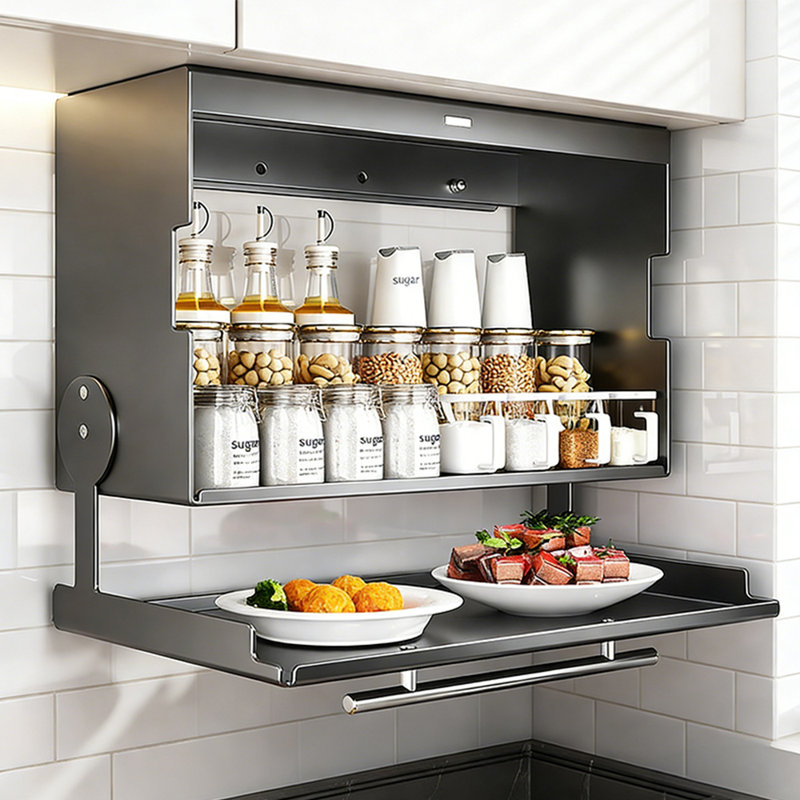 1 pièce Support à épices magnétique gris en acier au carbone, grand support de rangement modulaire rabattable, plateau de préparation ajustable sans perceuse, support à épices