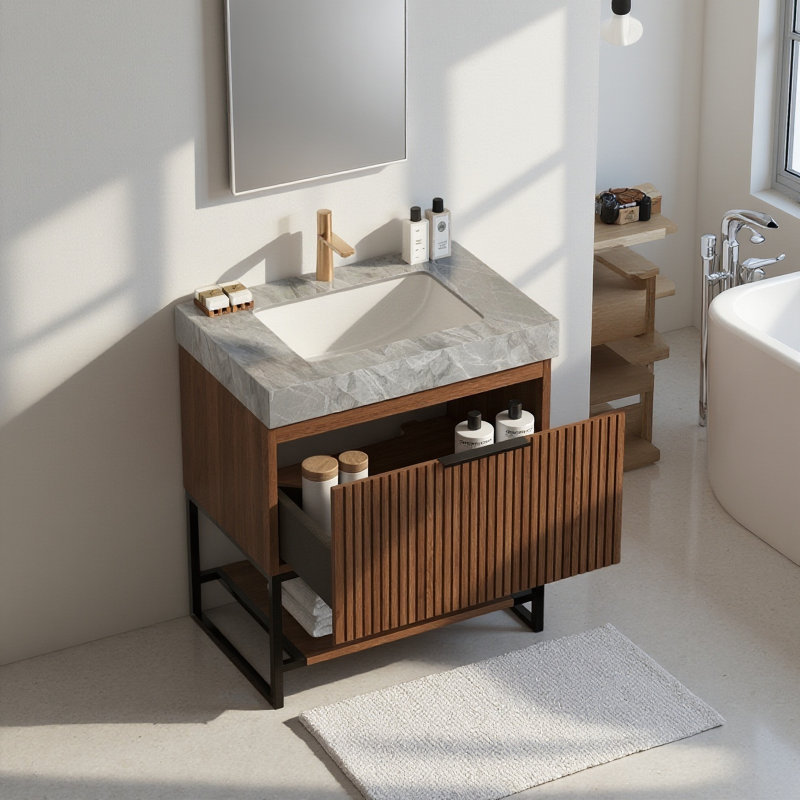 Meuble-lavabo simple 36 po avec lavabo, plateau de table en pierre frittée grise, armoires de salle de bain en bois brun, 30"