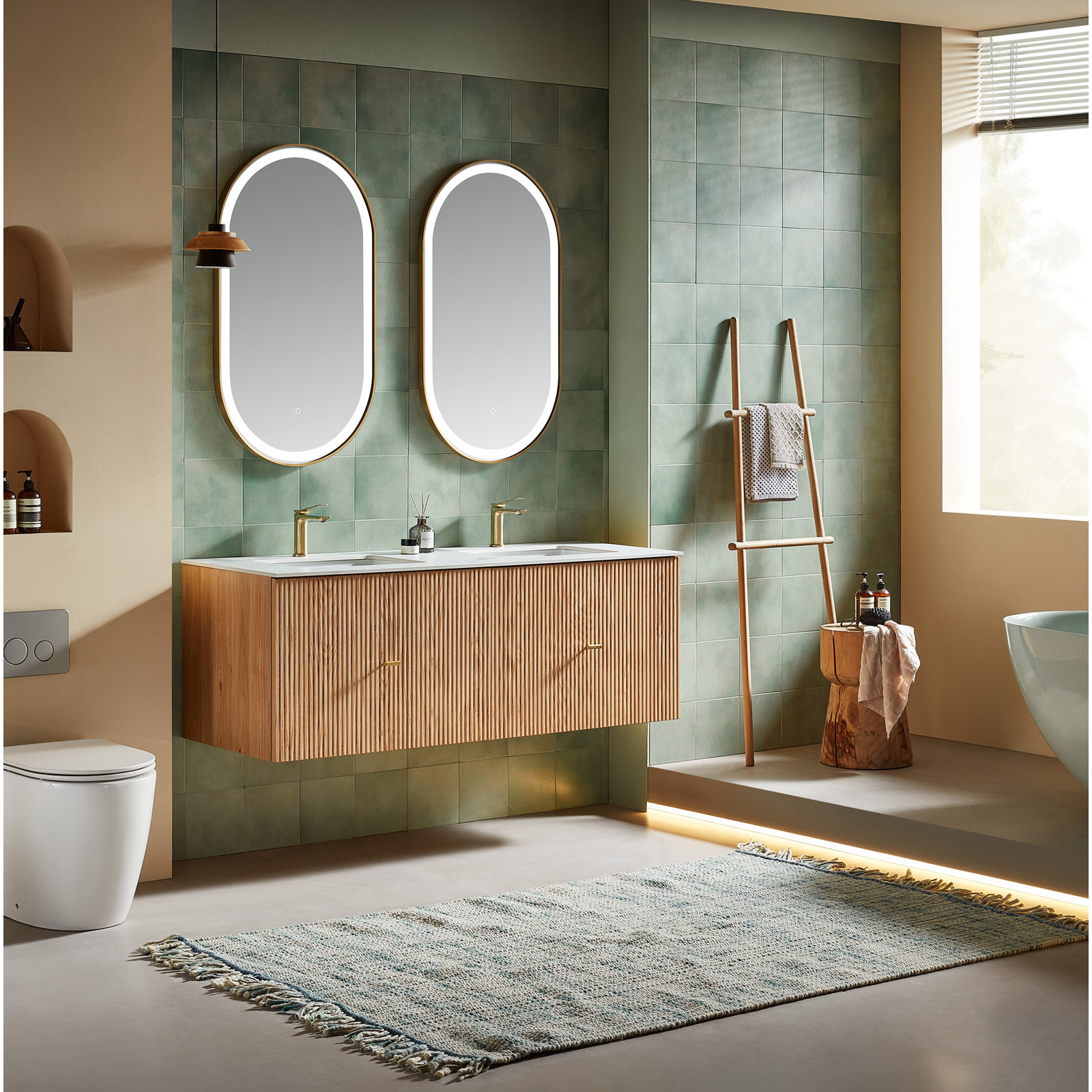 Jamell 60'' Double Bathroom Vanity, White, Natural Oak