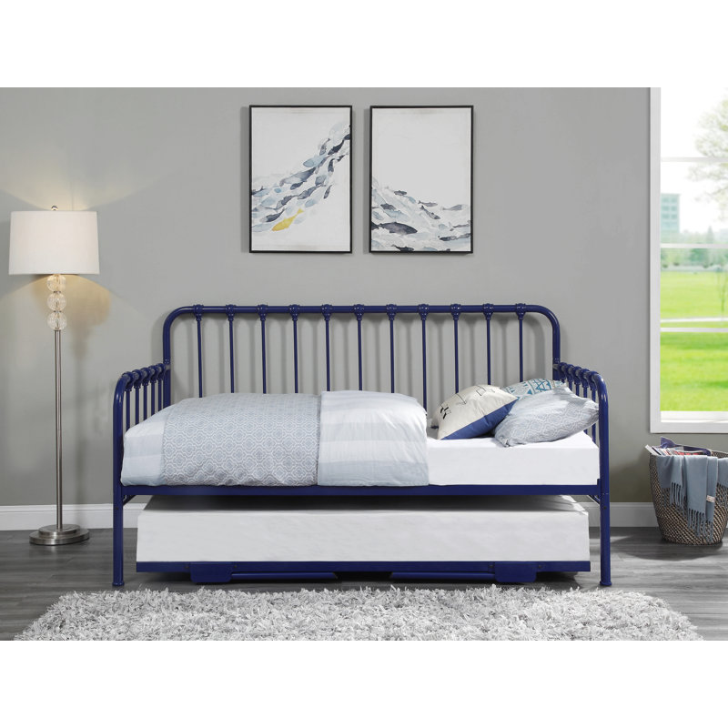 Daybed With Lift-Up Trundle Finish Metal Frame Classic Design Home Furniture, Navy Blue
