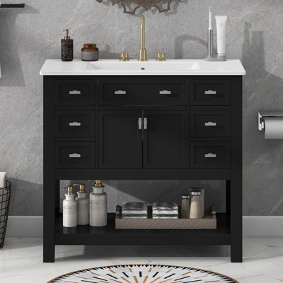 Meuble-lavabo moderne 36 po avec lavabo simple supérieur, 2 portes à fermeture douce et 6 tiroirs