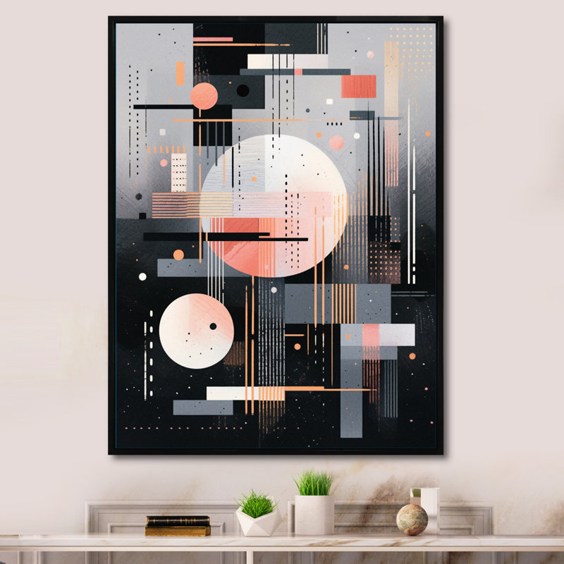 Tourbillons à multiples facettes gris pêche - reproduction sur toile, H 32 po x l 16 po x P 1 po, Cadre flottant noir