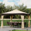 Pavillon de jardin extérieur 10 pi x 12 pi avec filet et rideaux, pavillon de pavillon de patio avec toit souple à 2 niveaux et structure en acier pour la pelouse, le jardin, la cour et la terrasse