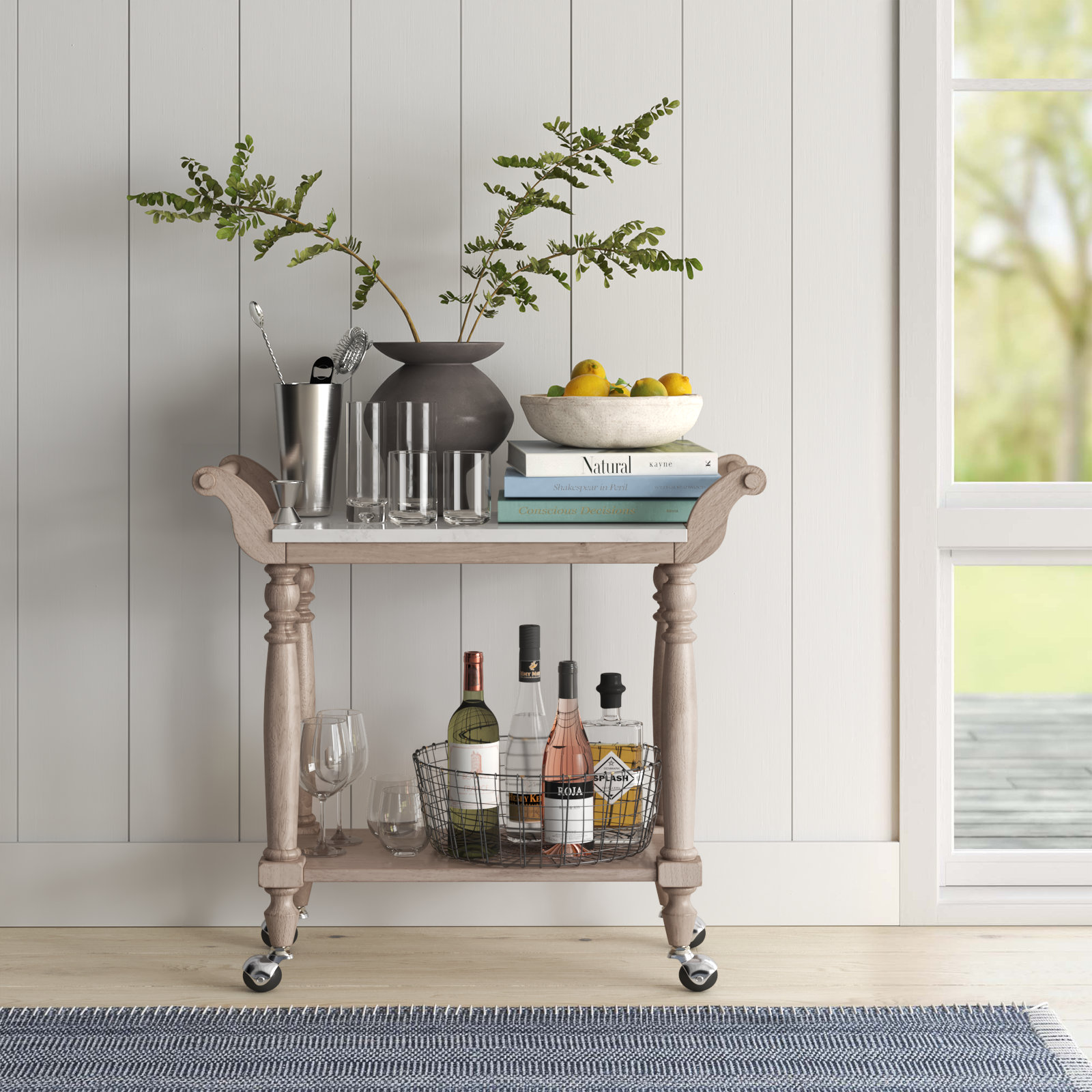 Aberdale Genuine Marble Bar Cart, Sandalwood Beige