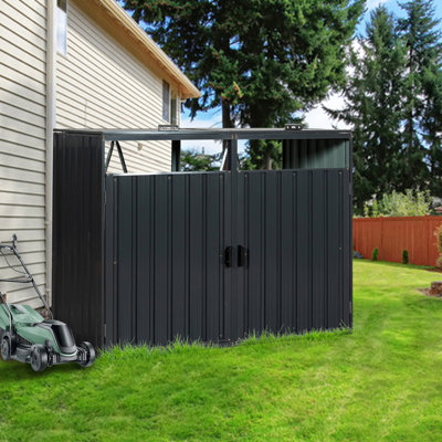 Iron Garbage Storage Shed For Yard - 2 Can Capacity, 48.94 In Height, Ventilated, Easy Assembly Outdoor Bin With Spring Lid Charcoal, 61.15 Depth, , Scratch-
