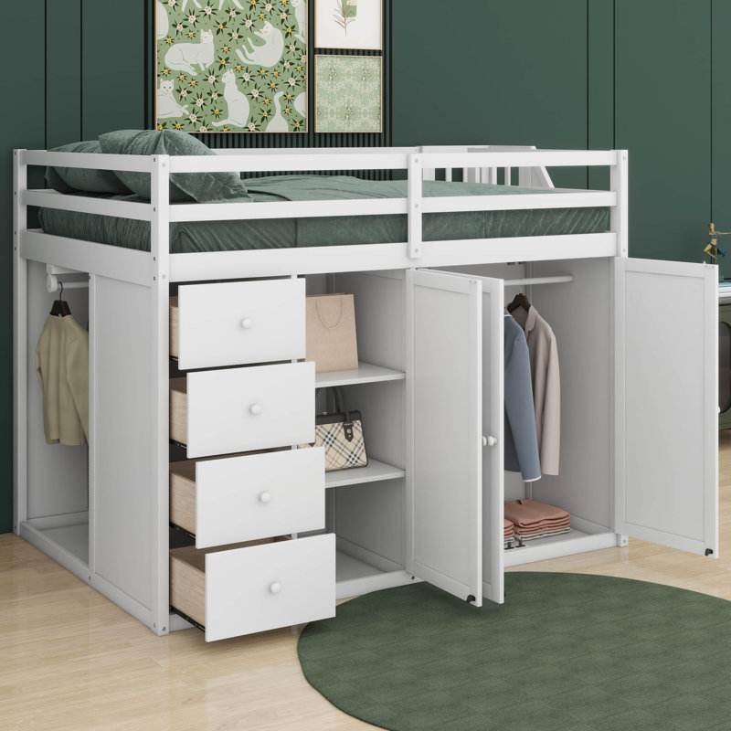 Jaquai Full Size Wood Loft Bed With Built-in Wardrobes, Cabinets and Drawers, White