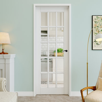 Porte pré-suspendue en verre transparent 30 po x 80 po à 15 lumières avec levier incurvé et charnières noires, dalle de porte en verre transparent, peint et imperméable, combinaison pour la lessive, portes de placard, portes de pièce, main gauche