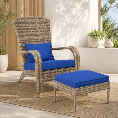 Outdoor Wicker Adirondack Chair with Ottoman and Cushions, High-Back, Dark Blue