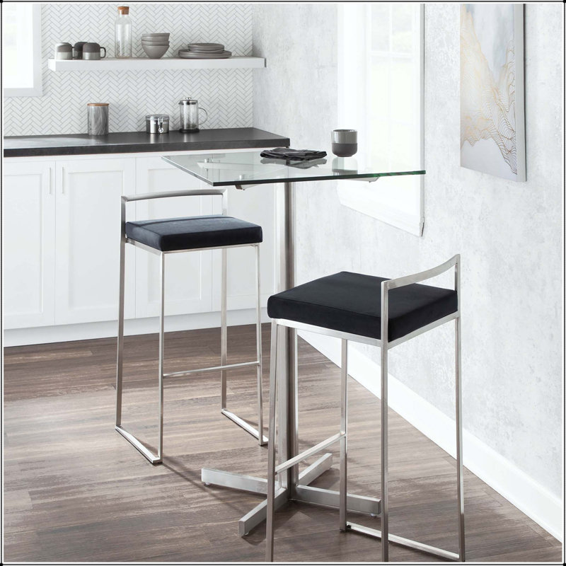 Tabouret de bar contemporain empilable en acier inoxydable - ensemble de 2, Black, Argent / similicuir, 2