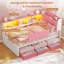 Lit de jour d'angle une place pour enfant, lit plateforme rembourré avec 6 tiroirs de rangement, 3 niches ouvertes, barrière de sécurité, lumières DEL RVB et station de recharge, rose-1825009974