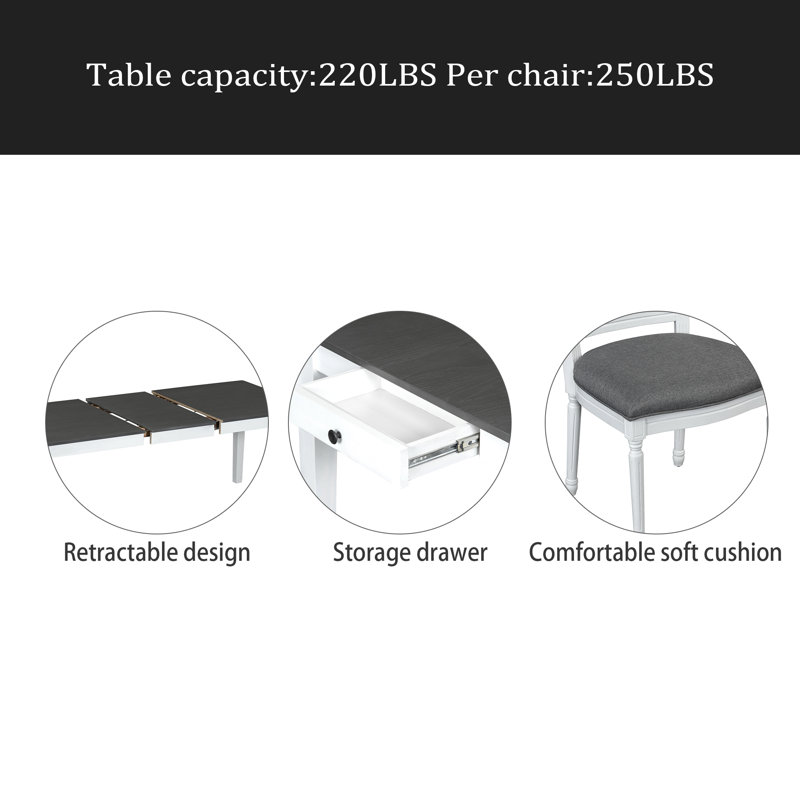 Ensemble de table de salle à manger extensible 78,1 pouces Rustic 7 pièces avec rallonge amovible de 18 pouces, 6 chaises de salle à manger rembourrées, 2 tiroirs intégrés