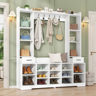 6-In-1 Entryway Hall Tree With Shoe Bench, 13 Cubbies & 2 Drawers, Multi-Functional Storage Organizer For Entryway, Hallway, And Mudroom by Hokku Designs