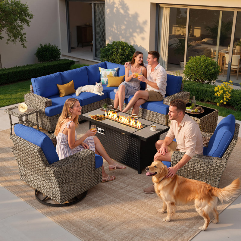 Ensemble de conversation en osier pour 7 personnes avec coussins Dzion, Oui, Bleu marine
