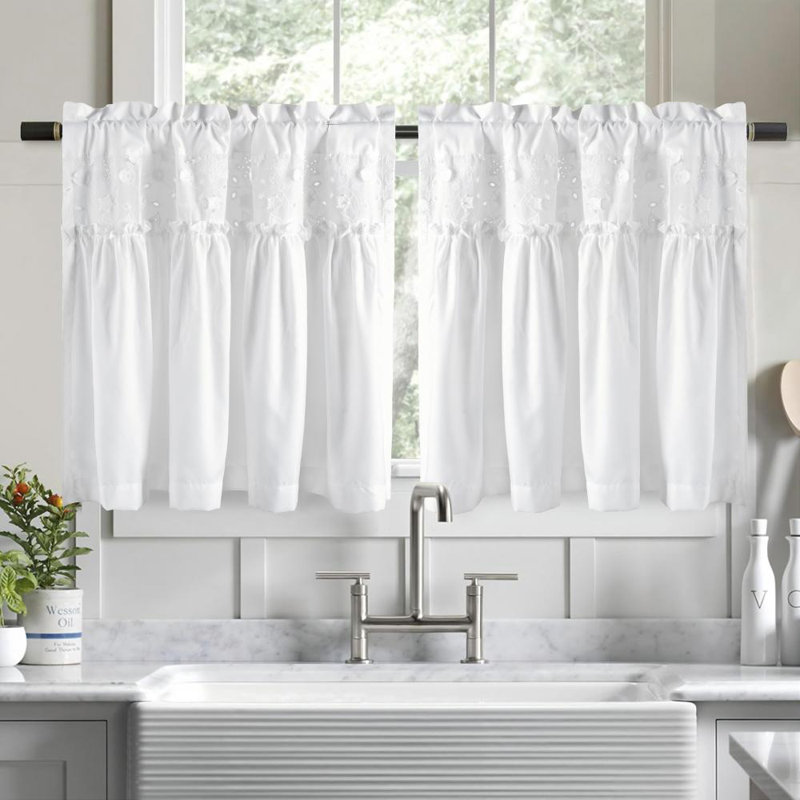 White Kitchen Curtains 2 Panels Set, Country Farmhouse Kitchen Curtain Tiers With Floral Cutwork Cotton Lace And Brushed Fabric, Rod Pocket Café Curtains For Small Windows