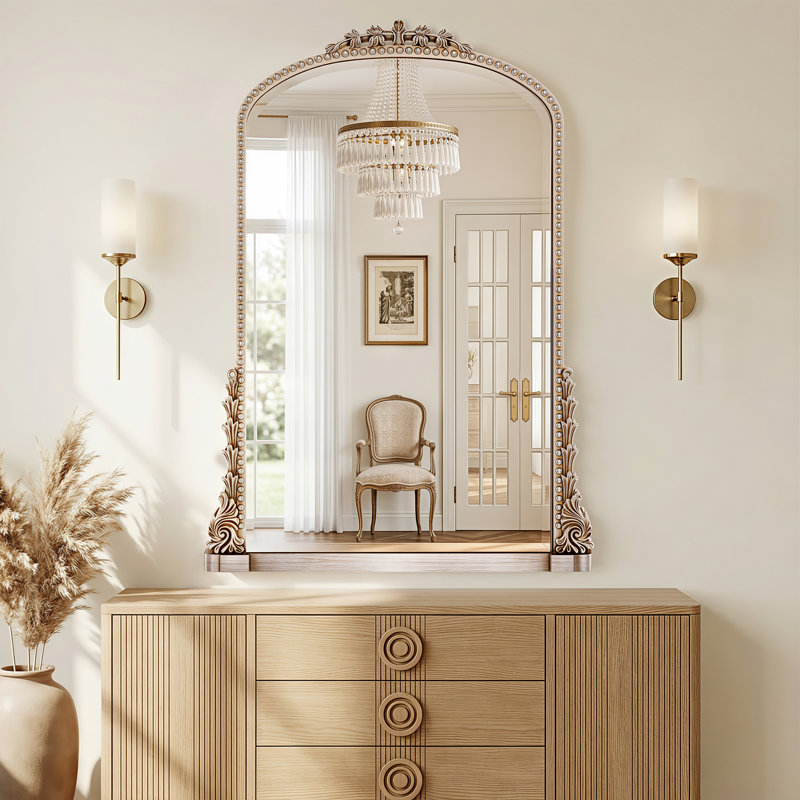 Miroir de salle de bain rétro gravé, miroir mural arqué, 25"×38", Argent