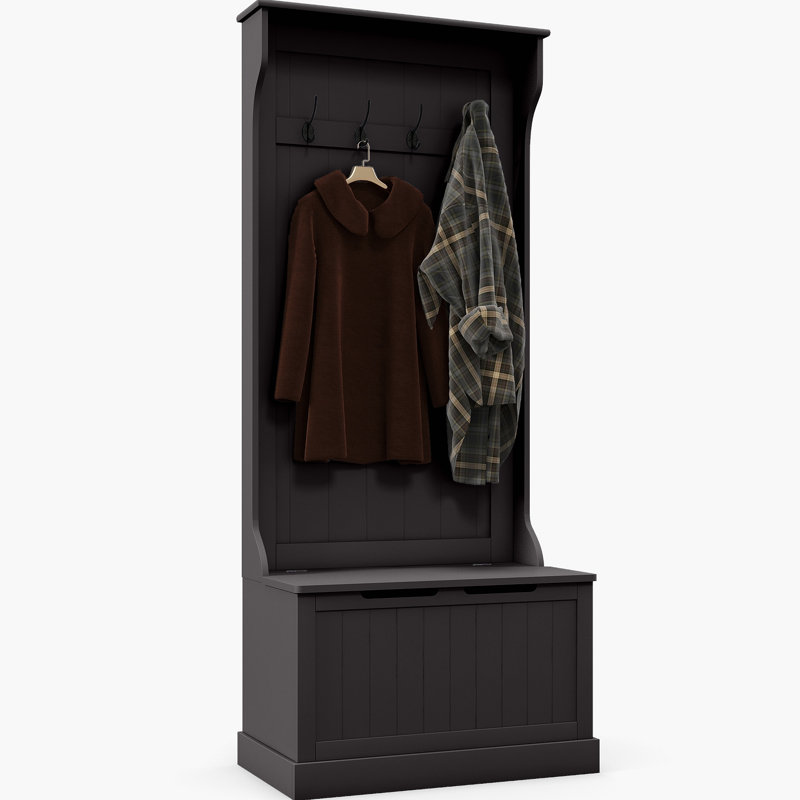 28" 3-In-1 Entryway Hall Tree With Storage Bench, Coat Rack With Four Hooks And Shoe Storage, Black
