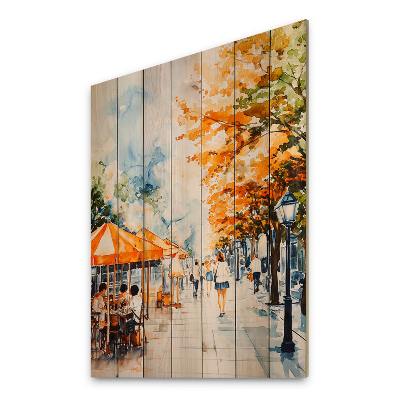 Automne à Paris café II - Décoration murale traditionnelle en bois sur bois de pin naturel, H 44 po x l 34 po