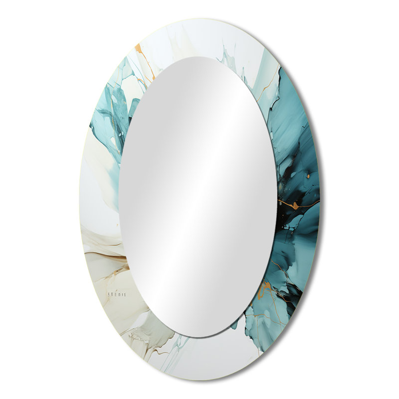 Miroir à encre liquide vert et gris III - Grand miroir mural ovale sur métal, 36 po x 24 po