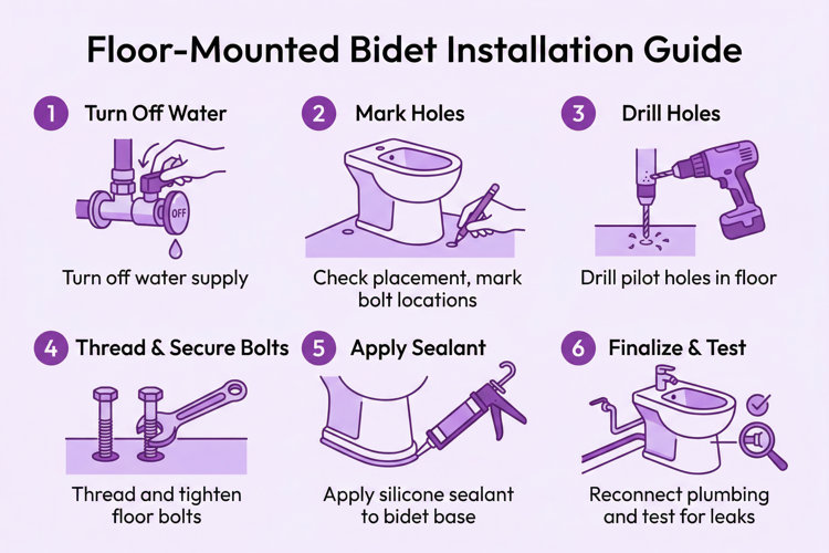 floor-mounted bidet installation illustration with six easy steps