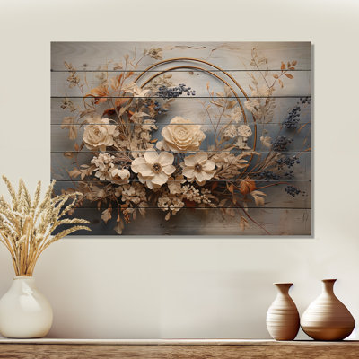 Farmhouse Wreath Still Life - Wreath Wood Panel Wall Art On Natural Pine Wood